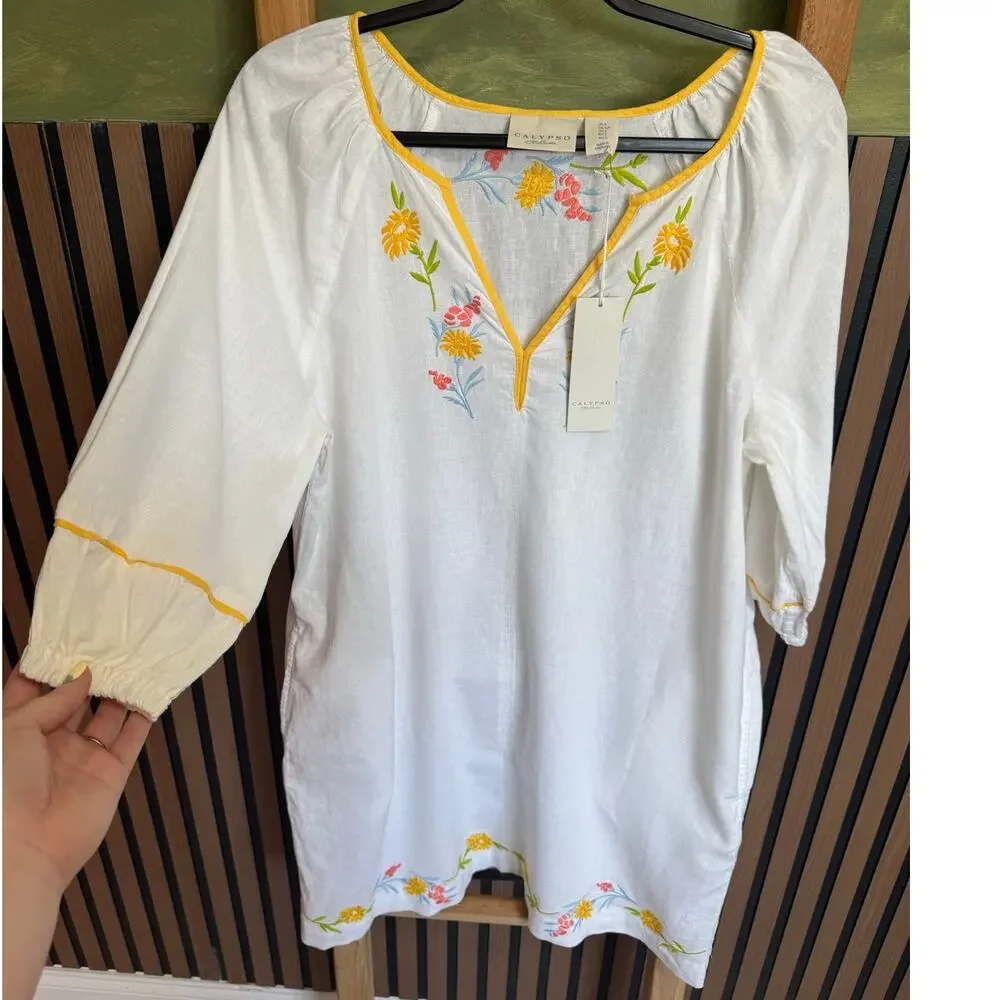 Calypso St. Barth Linen Floral Embroidered Tunic Mini Dress White Size Small NWT - Picture 2 of 10